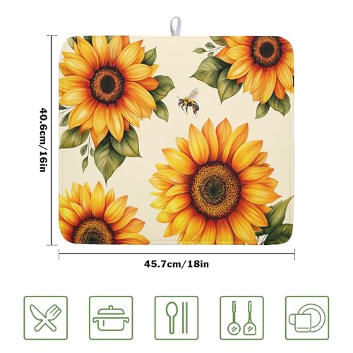 Sunflower Dish Drying Mat 16x18 Inch Absorbent Reversible Summer Drying Mat Sunflower Bee Dish Drying Rack Mat Yellow Summer Themed Dish Drainer Mat for Kitchen Counter Coffee Bar