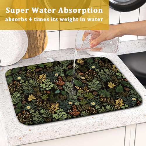 Black Green Botanical Dish Drying Mat for Kitchen Counter 16x18 Inch Super Absorbent Microfiber Kitchen Drying Mat Green Plant Fern Leaves Floral Dish Reusable Washable Dish Drying Pad for Coffee Bar
