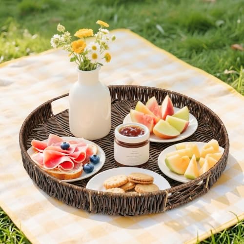 Round Ottoman Tray Large Wicker Serving Tray with Handles