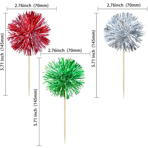 30Pcs Foil Firework Cupcake Toppers Sparkle Tinsel Cake Toppers Tinsel Drink Cake Decoration Cocktail Picks for Birthday Wedding Graduation Party Supplies Silver Green Red (30 Count)
