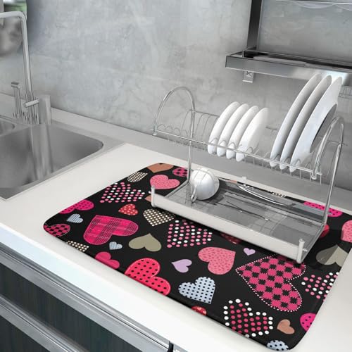 Happy Valentine's Day Black Dish Drying Mat for Kitchen Counter