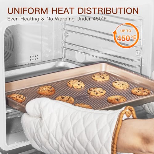 3 Pack Gold Nonstick Baking Sheet Pan Set with Oven Mitts Heat Resistant (5 Count)