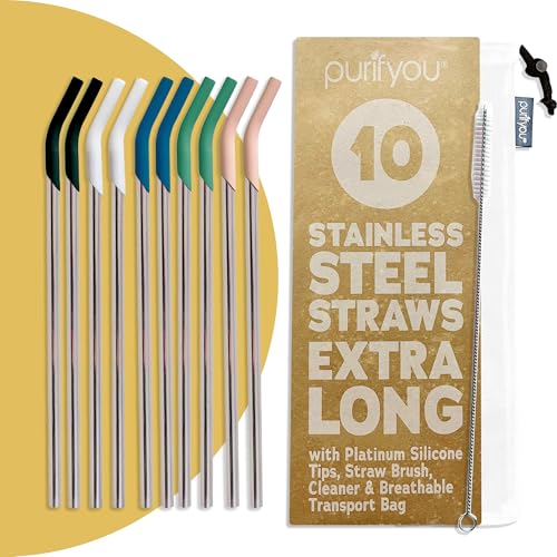 14.5" Stainless Steel Straws with Silicone Tips (10 Count)