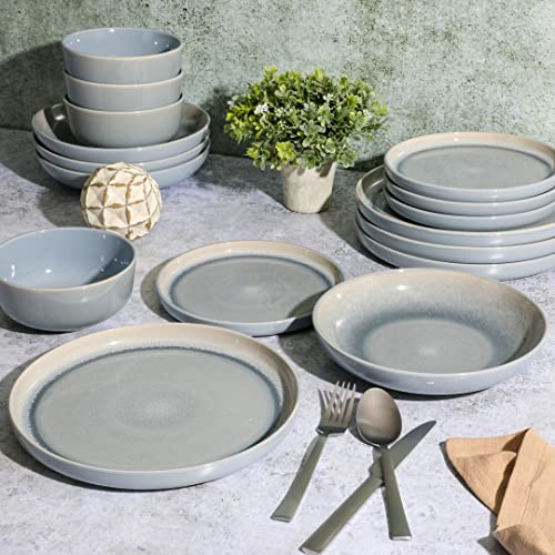 Juno Moon 16 Piece Reactive Blue Double Bowl Dinnerware Set