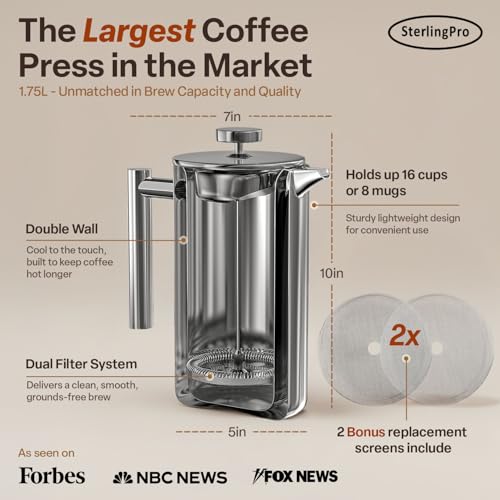 Non Toxic Extra Large Insulated Stainless Steel French Press Coffee Maker 59oz