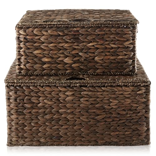 Set of 2 Water Hyacinth Rectangular Storage Baskets with Lids