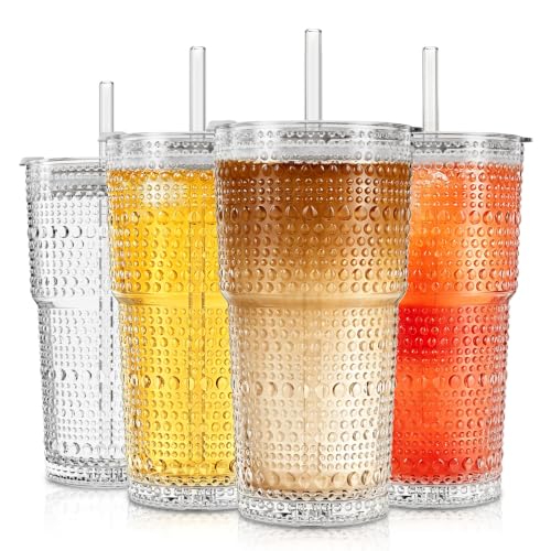 20oz Hobnail Glass Tumbler with Bamboo Lids and Straws