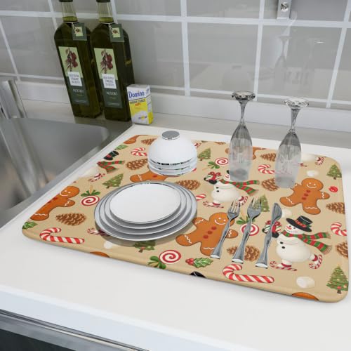 Xmas Gingerbread Man Candy Cane Dish Drying Mat for Kitchen Counter