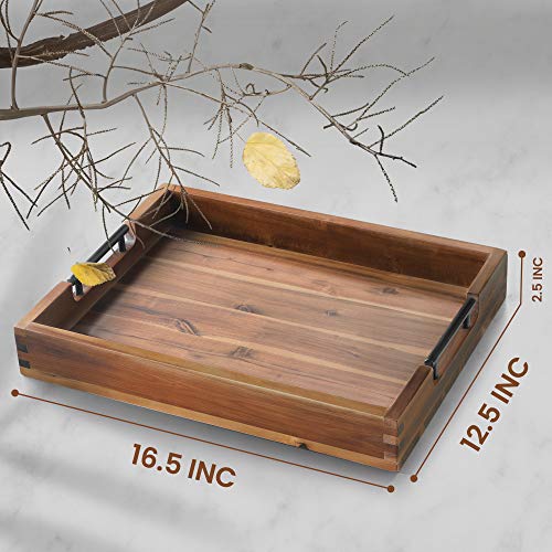 Ottoman Tray Acacia Wood Serving Tray with Metal Handles