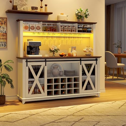 63"Wide 58"H Farmhouse Coffee Bar Cabinet with Power Outlet and LED Light