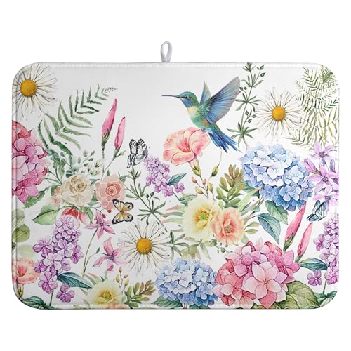 Spring Floral Birds Dish Drying Mat Summer Butterfly Flowers Kitchen Dish Drying Pad Daisy Absorbent Dish Dryer Mat for Kitchen Countertops Microfiber Dishes Drainer Pad