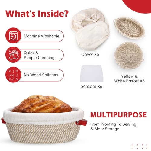 6 Set Cotton Rope Banneton Bread Proofing Basket with Cloth Liner and Plastic Scraper Banneton Dough Sourdough Proofing Bowls Kit for Home Sourdough Bakers (6 Count)
