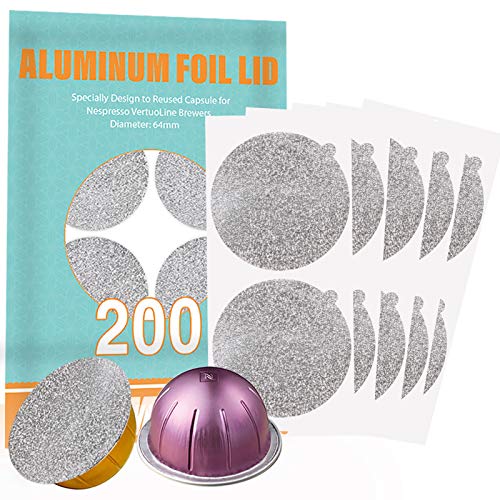 Aluminum Foils Lids to Reuse Vertuoline Capsules Coffee Pods Compatible with Nespresso VertuoLine Machine 64mm (200 Count)
