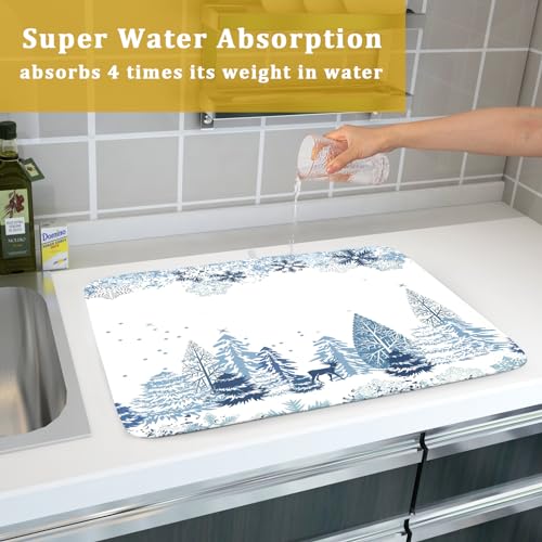 Winter Blue Snowflake Dish Drying Mat Christmas Tree Kitchen Counter Dish Drainer Mats Xmas Forest Deer Moose Dish Dry Pad Bottles Protector for Kitchen Countertop Coffee Bar