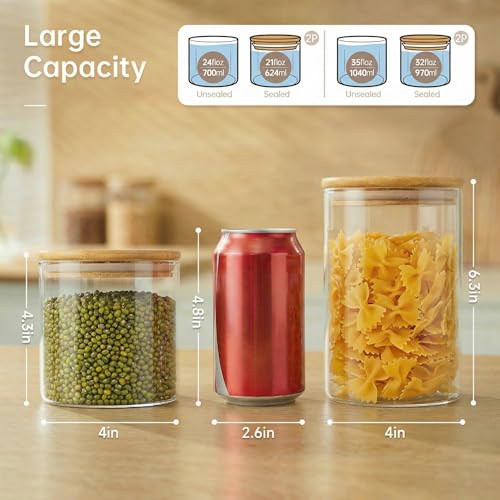32 oz & 21 oz Round Glass Food Storage Containers with Bamboo Lids (4 Count)