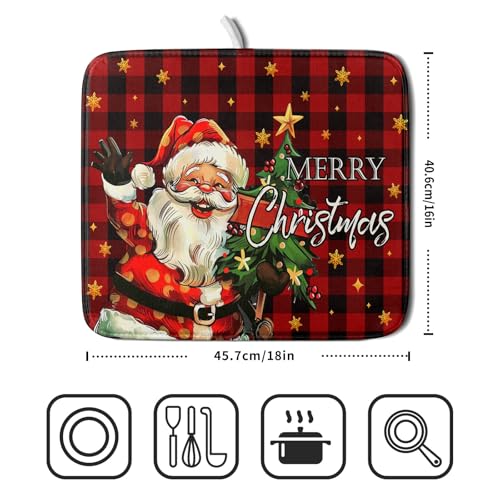 Merry Christmas Santa Claus Red Buffalo Plaid Dish Drying Mat for Kitchen Counter