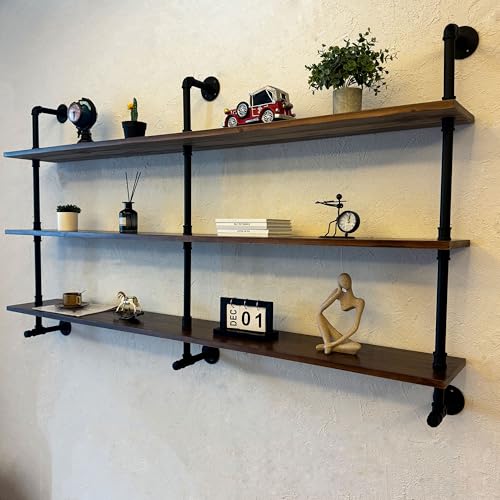 Industrial Pipe Wall Shelves Pipe Shelving with Real Wood Plank 70 Inches