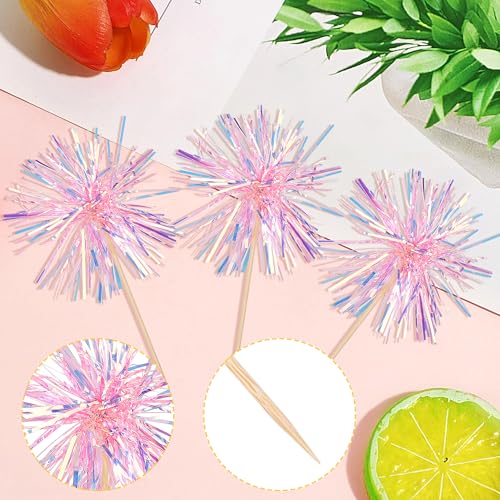 30 PCS Foil Firework Cupcake Toppers Happy Birthday Cupcake Toppers Sparkle Tinsel Flower Drink Stirrers Cocktail Fruit Toothpicks for Valentine's Day Baby Shower Party Cake Decor Supplies Pink (30 Count)