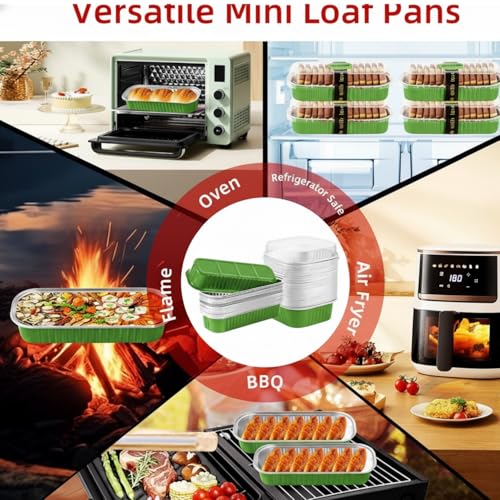 30 Pack 6.8oz Christmas Green Disposable Rectangular Aluminum Foil Mini Loaf Pans with Lids (30 Count)