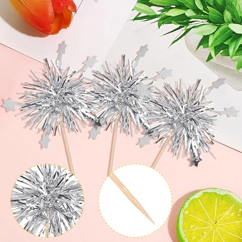 30 PCS Foil Firework Cupcake Toppers Star Cupcake Picks Sparkle Tinsel Flower Drink Stirrers Cocktail Food Fruit Toothpicks for Valentine's Day Birthday Party Cake Decorations Supplies Silver (30 Count)