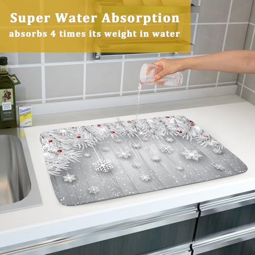 18"x24" Winter Snowflakes Dish Drying Mat Christmas Holly Berries Silver Falling Snow Dish Drainer Mats Absorbent Fast Dry Microfiber Dish Drying Pad for Kitchen Countertop Decor Large