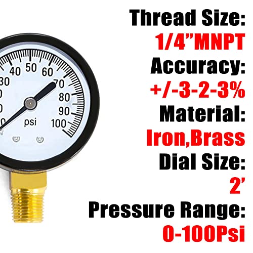 1 4" NPT 100Psi Steel Economical All Purpose Pressure Gauge with Brass Internals 2" Dial Display Bottom Mount