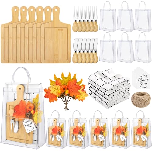 6 Sets Fall Baby Shower Favors 43 Pcs Wooden Square Cheese Board with Knives Forks Kitchen Towels Tags