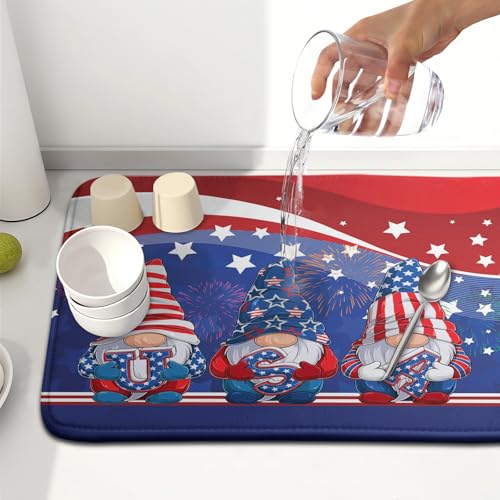 4th of July Dish Drying Mat 16x18 Inch Spring Summer Patrioti Gnome Memorial Kitchen Mats Independece Day Absorbent Dishes Pad for Kitchen Counter Usa Stars Drying Mat Home Decor Countertops