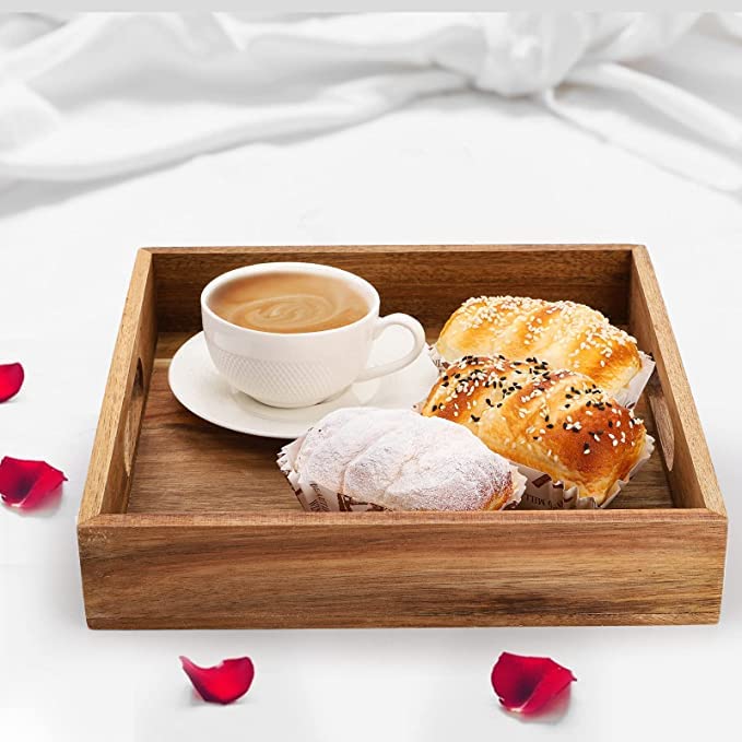 Set of 2 Acacia Wood Serving Tray with Handles (2 Count)