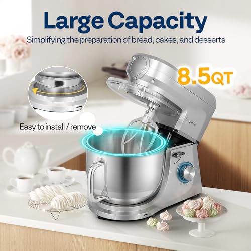 6-in-1 Stand Mixer, 8.5-Quart Tilt-Head Mixer, 10 Speeds, Silver