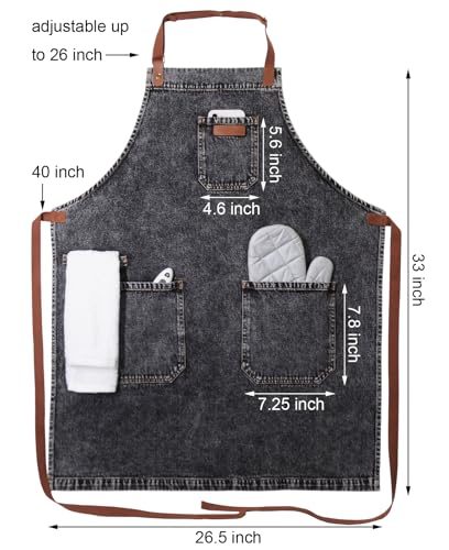 Black Denim Grill Apron with Pockets & Towel Loop for Men Women