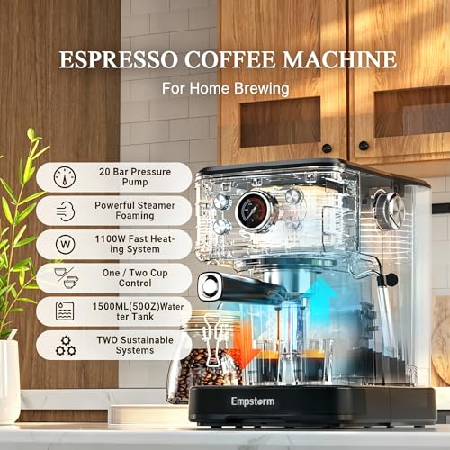04E 20 Bar Espresso Machine with Milk Frother Steam 1100W Black