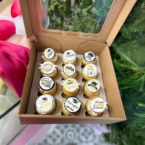 48Pcs Edible Graduation Cap 2026 Cupcake Toppers Wafer Paper Grad Cap Diploma Cake Decoration Picks for 2026 Grad Theme Party Cake Decor Supplies Black White Gold (48 Count)