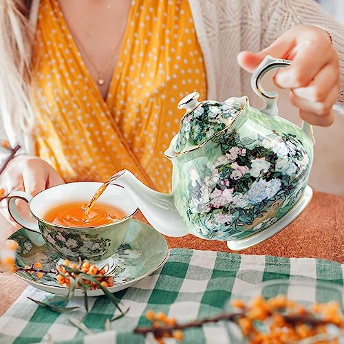 Teapot 30 oz Vangogh Paintings Bone China Loose Tea Pot Floral Design Vintage Ceramic Coffee Water Pot European Style Porcelain (30 Ounce)