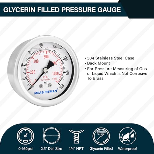 2-1/2" Dial Size, Glycerin Filled Pressure Gauge, 0-160psi/kpa, 304 Stainless Steel Case, 1/4" NPT Center Back Mount