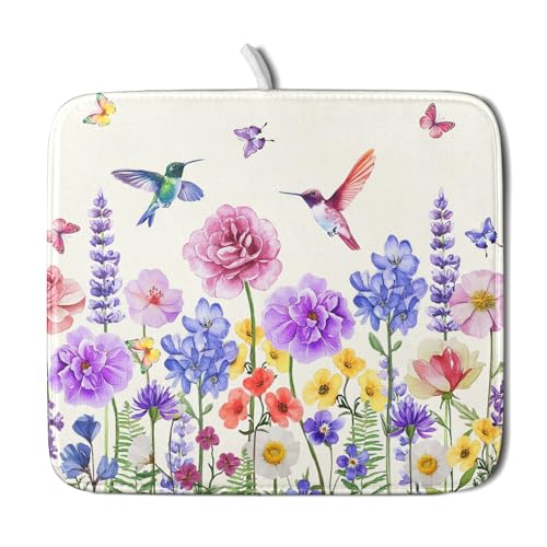 Hummingbird Flower Dish Drying Mat 16x18 inch Watercolor Spring Herb Floral Dish Drainer Mats Wildflower Plant Reversible Microfiber Dish Drying Pad for Kitchen Countertop Small Decor