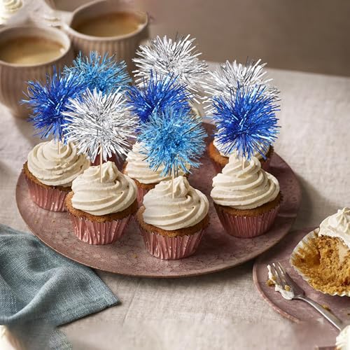 30 PCS Foil Firework Cupcake Toppers Sparkle Tinsel Cupcakae Picks Foil Firework Decorations Cocktail Fruit Toothpick for Fireworks Theme Birthday Wedding Graduation Party Decor Blue Silver Light Blue (30 Count)
