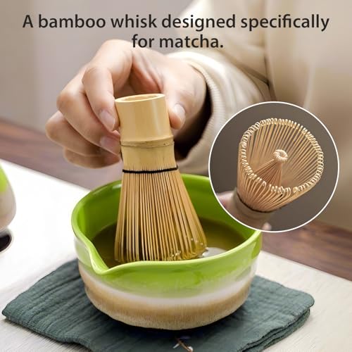 Matcha Whisk Set Ceramic Matcha Set Includes Matcha Bowl Matcha Whisk and Holder (5 Count)