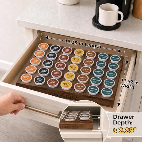 Bamboo K Cup Holder Drawer or Countertop K Cup Organizer Coffee Pod Holder Hold 35 Coffee Pod Storage Kcup Coffee Pods Holder for Coffee Station Office and Kitchen K Cup Storage