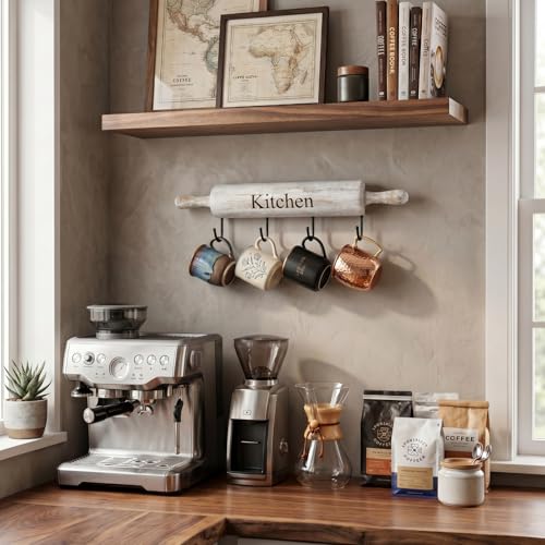 White Washed Wood Kitchen Utensil Rack with 4 Hooks