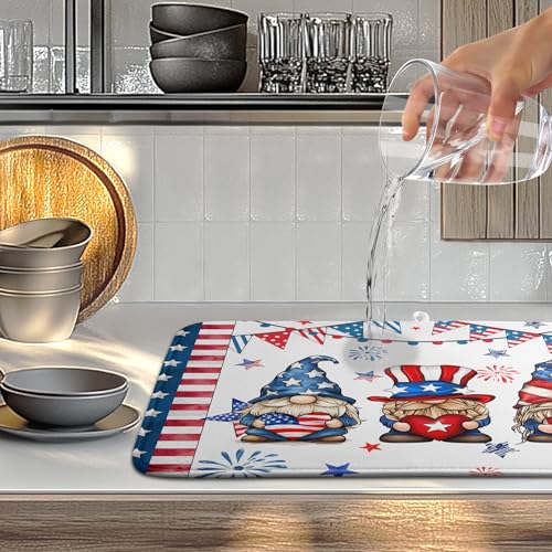 4th of July Gnomes Dish Drying Mat Patriotic Gnome Large Kitchen Mat Dish Drying Pad Absorbent Dish Dryer Mat for Kitchen Countertops Microfiber Drainer Pad Dish Drying Rack Mat