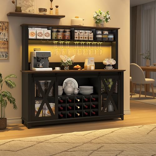 63"Wide 58"H Farmhouse Coffee Bar Cabinet with Power Outlet and LED Light