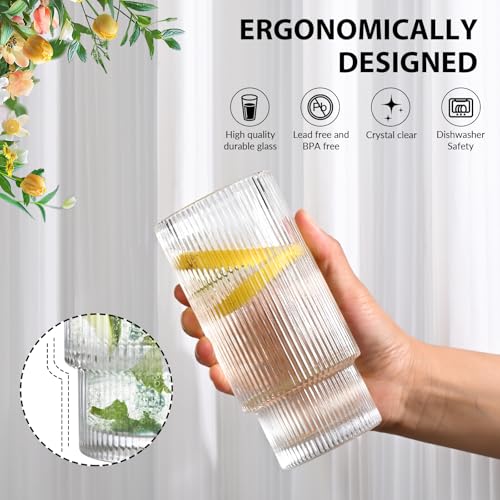 16OZ Ribbed Glass Cups with Lids and Straws
