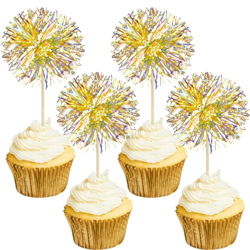 30Pcs Foil Firework Cupcake Toppers Sparkle Tinsel Cake Toppers Tinsel Drink Cake Decoration Cocktail Picks for Halloween Birthday Wedding Graduation Party Supplies Laser Yellow (30 Count)