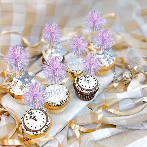 30Pcs Foil Firework Cupcake Toppers Sparkle Tinsel Cake Toppers Tinsel Drink Cake Decoration Cocktail Picks for Birthday Wedding Graduation Party Supplies Laser Purple (30 Count)