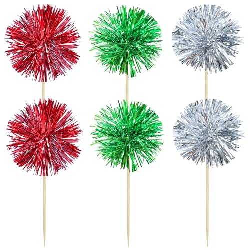 30Pcs Foil Firework Cupcake Toppers Sparkle Tinsel Cake Toppers Tinsel Drink Cake Decoration Cocktail Picks for Birthday Wedding Graduation Party Supplies Silver Green Red (30 Count)
