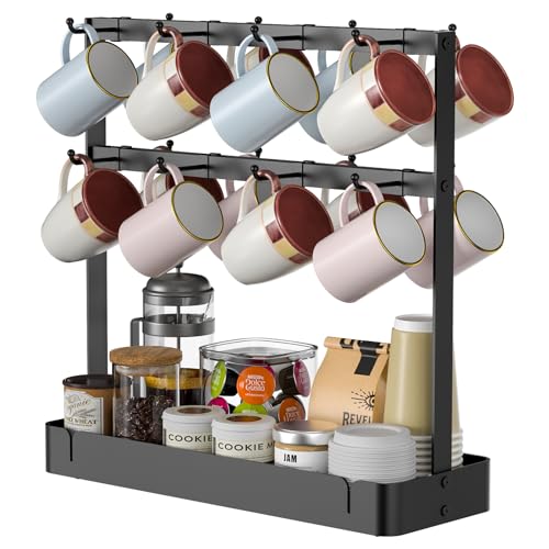 2 Tier Coffee Cup Holder with 16 Movable Hooks & Storage Basket