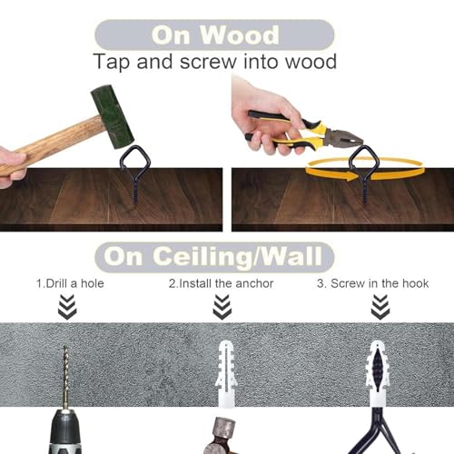 100 PCS Black Eye Screw Hooks for Hanging Heavy Duty with Safety Buckle.Metal Ceiling Hooks for Hanging Plants Cup Wind Chime Bird Feeders Patio Lights At Indoor&Outdoor (100 Count)