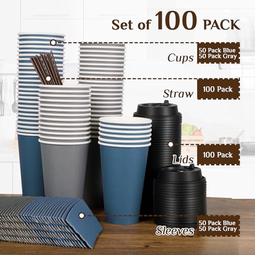 100 Pack 16 oz Disposable Coffee Cups with Lid (100 Count)