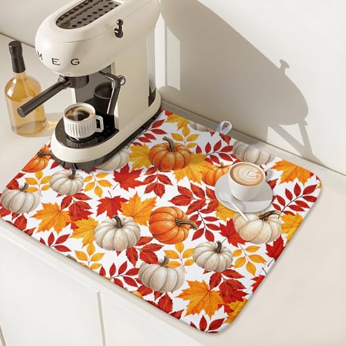 Fall Pumpkin Dish Drying Mat for Kitchen Counter 18x24 Inch Autumn Pumpkins Maple Leaves Drying Mats Thanksgiving Absorbent Reversible Dish Pad Fast Dry Drainer Mat Protector for Countertop Coffee Bar